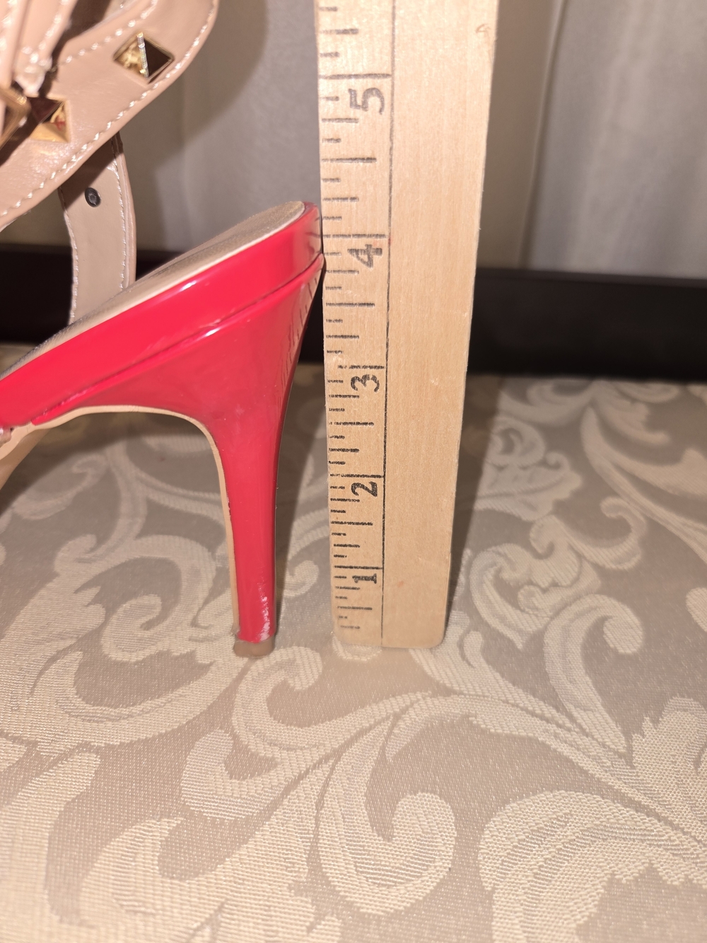 Studded Strappy Pointed-Toe Heels in Red and Nude - Picture 9 of 11